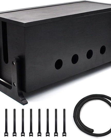 Large Cable Management Box, Wood Cord Hider Box & Organizer for Power Strip Hider Cable Storage for Office, TV Wires, Desk Cord Organizer, 14.2" x 6" x 6.3", Black, Wood
