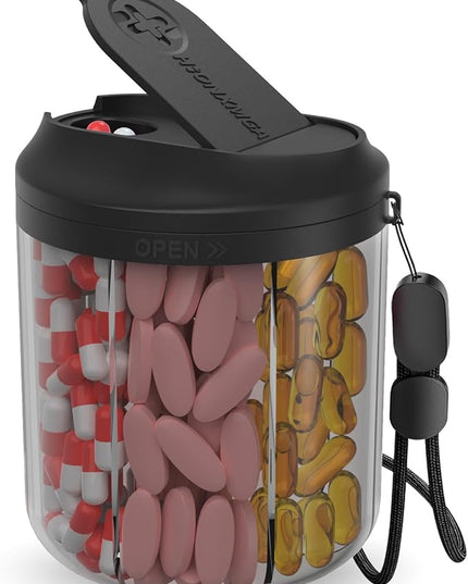 Pill Dispenser with 7 Large Compartments, 4.4" H x 3.6" Dia Pill Organizer for Travel, Supplement Organizer with Anti-Mixing Design, BPA-Free Pill Container with 20 Pcs Labels, Black