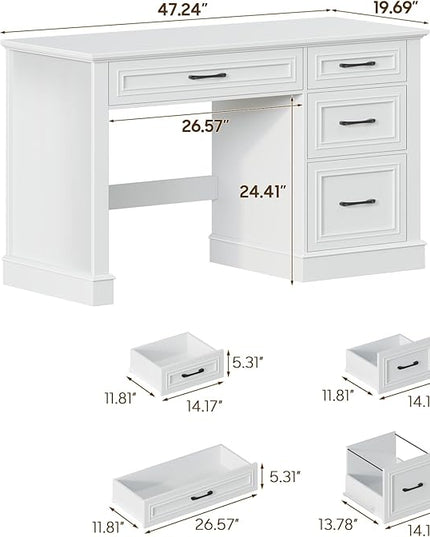 Vabches Farmhouse 47" Executive Desk with File Drawer, Computer Desk with 4 Drawers, Workstation for Study, Home Office, Writing, Cream White