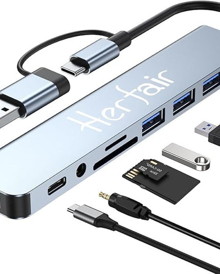 USB Hub 3.0 USB C Hub with SD Card Reader Audio Jack 8 in 1 USB Extender Splitter Multiport Dongle Adapter for MacBook Pro Air and More PC/Laptop/Tablet Devices