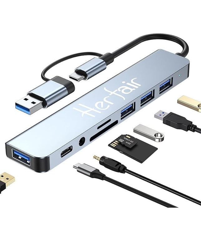 USB Hub 3.0 USB C Hub with SD Card Reader Audio Jack 8 in 1 USB Extender Splitter Multiport Dongle Adapter for MacBook Pro Air and More PC/Laptop/Tablet Devices