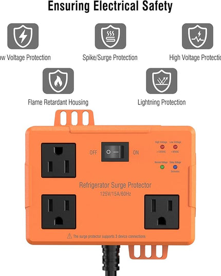 3 Outlet Refrigerator Surge Protector with Time Delay, Voltage Protector for Home Appliances, Protects Against Brownout, Spike, Instant Surge All Voltage Abnormalities, 14 AWG Power Cord (2FT)