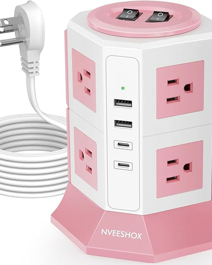 NVEESHOX Surge Protector Power Strip Tower, 10 Feet Ultra Flat Extension Cord with 12 AC Outlets 5 USB Ports(2 Type C), Desktop Charging Station, Flat Plug Outlet Extender for Home Office Dorm