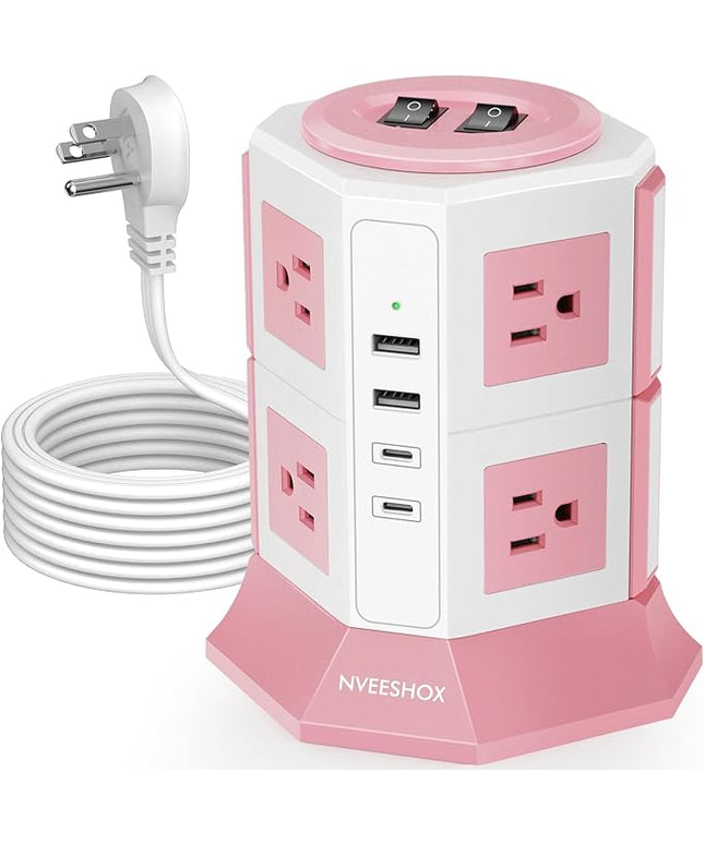 NVEESHOX Surge Protector Power Strip Tower, 10 Feet Ultra Flat Extension Cord with 12 AC Outlets 5 USB Ports(2 Type C), Desktop Charging Station, Flat Plug Outlet Extender for Home Office Dorm