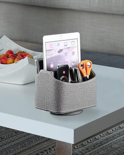 Arniche PU Leather Remote Control Holder,360 Degree Spinning Desk TV Remote Caddy,Desk Organizers and Accessories,for Controller,Media,Mail,Calculator,Mobile Phone,Pen Storage Holder (Gray Cloth)