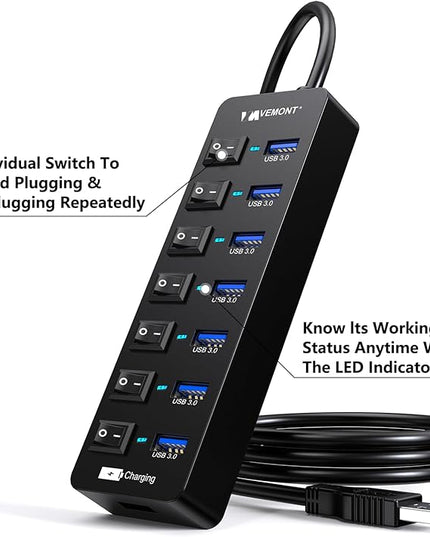 Powered USB Hub 3.0,VEMONT 7 Ports Multi USB hubs and 1 USB Smart Charging Port with 5V/3A Power Supply,USB Extension Splitter with Individual On/Off Switches and 4ft/1.2m Long Cable for PC/Laptop