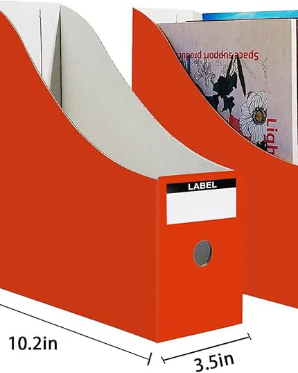 Limitliho 2 Pack Cardboard Magazine Storage Boxes, Vertical File Organizer Box for Desk or Shelves, Book Holder for Classroom,Office,Home(Orange-Red, 10.6" H x 10.2" L x 3.5" W in)