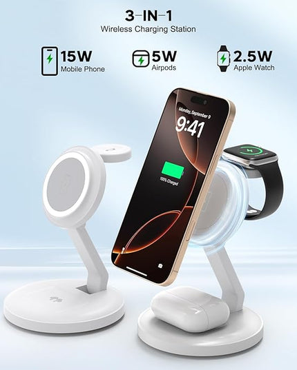 Charging Station for Apple Magnetic Wireless iPhone Mag-Safe Charger,15W 3in1 Foldable Wireless Dock Fast MagSafe Charger Stand for iPhone 17 Pro Max/16 Plus/16 ProMax/15/14/13,Apple Watch,AirPods Pro