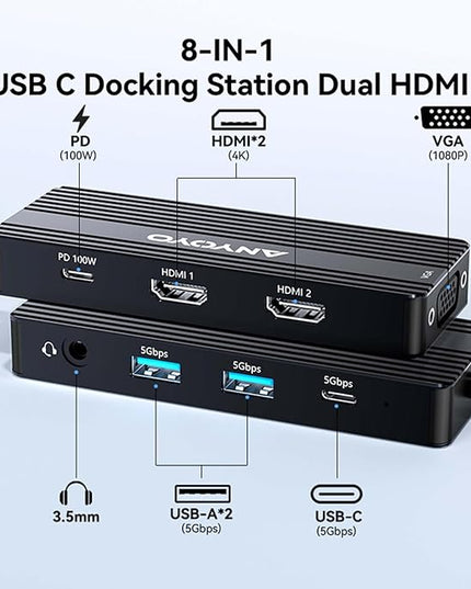 ANYOYO USB C Docking Station Dual HDMI Monitor Adapter 8-in-1 USB C HUB 3 Monitors Adapter with 4K HDMI +VGA +PD100W+Audio Laptop Docking Station for Dell/Lenovo/HP/Samsung/ASUS (Black)