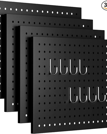 Peg Board,4 Pack Metal Pegboard Panels and Accessories,Heavy Duty Peg Board with 8 Pieces Hooks, Black Wall Pegboards Organizer for Garage,Bedroom,Ornaments Display