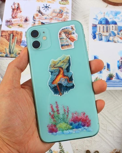 Dwpetzo Travel Scenery Scrapbook Stickers for Scrapbooking, Precut Landmark PET Washi Sticker Book for Journaling, Junk Journals Supplies, Planner, Crafts Arts, A5, 20 Sheets