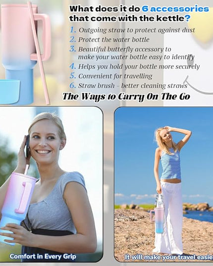 40 oz Tumbler with Handle and Straw & 6PCS Cup Accessories for 40 oz Cup - Vacuum Insulated Stainless Steel Double Wall Water Bottle Travel Coffee Mug - Holiday Gifts for Women Men (Bubble)