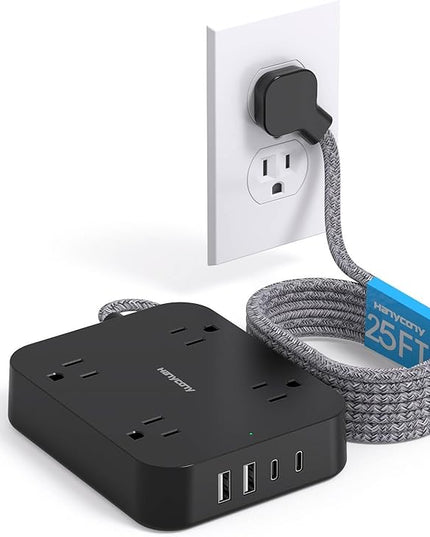 Black Extension Cord 25 Ft, HANYCONY Ultra Thin Flat Plug Power Strip with 4 Outlets 4 USB Ports (2 USB C), Wall Mount, Desk Charging Station for Office, Travel and Dorm Room Essentials