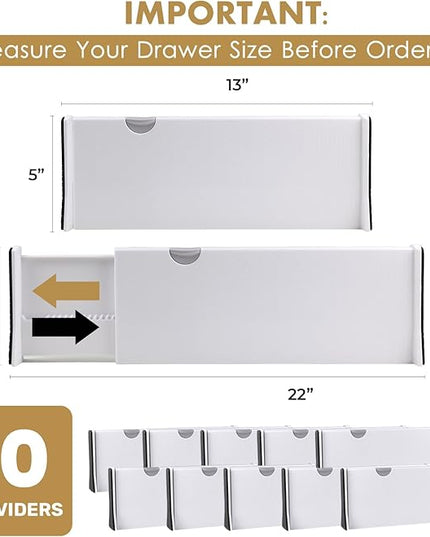 RAPTUROUS Adjustable Deep Drawer Divider – 5" Tall, Expandable 13-22", 10-Pack, Non-Slip Drawer Dividers for Clothes, Dresser, Kitchen & Office Organization (White)