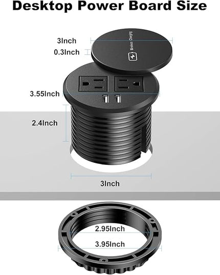3 Inch Desk Hole Recessed Power Grommet with 15W Wireless Charger Cover, 2 USB-A Countertop Grommet Mount Power Outlet, with AC Outlets and 6ft Extension Cord Black