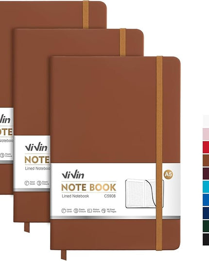ViVin Lined Journal Notebooks, 3 Pack, Brown, 192 Pages, Medium 5.5 x 8.3 inch, College Ruled, A5 Hardcover Notebooks, Journaling Notebooks for Writing, Business, School