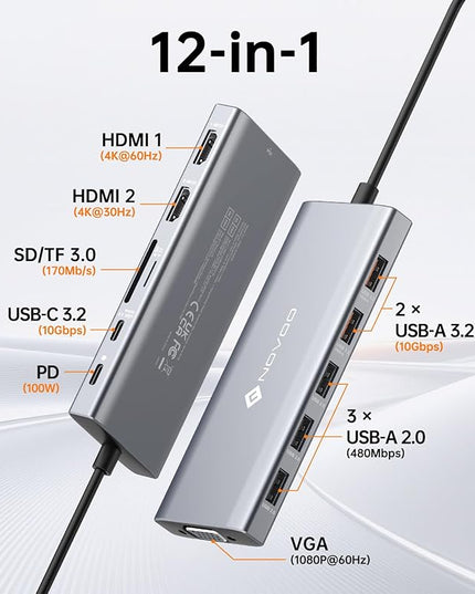 NOVOO USB C Docking Station Dual Monitor, 12-in-1 USB C Hub with HDMI 4K, VGA, USB 10Gbps, SD/TF, 100W PD, Multiport Adapter Compatible with MacBook Dell HP Surface