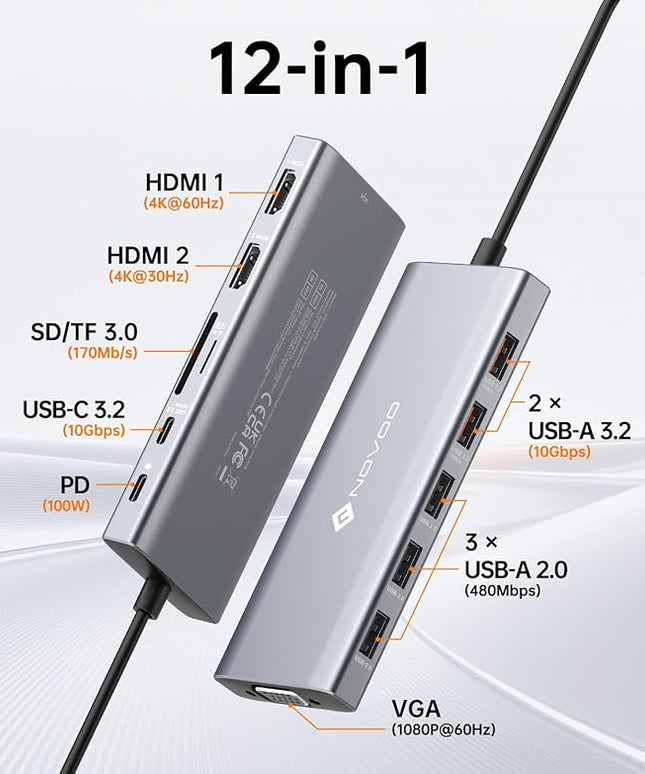 NOVOO USB C Docking Station Dual Monitor, 12-in-1 USB C Hub with HDMI 4K, VGA, USB 10Gbps, SD/TF, 100W PD, Multiport Adapter Compatible with MacBook Dell HP Surface