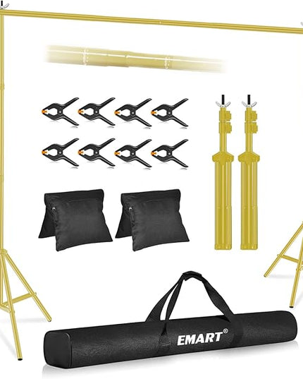 EMART Backdrop Stand 10x8.5ft(WxH) Photo Studio Adjustable Background Stand Support kit with 2 Crossbars, 8 Clamps, 2 Sandbags and Carry Bag for Parties, Events Decoration, Wedding -Titanium Gold