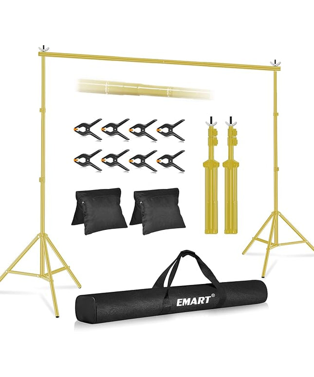 EMART Backdrop Stand 10x8.5ft(WxH) Photo Studio Adjustable Background Stand Support kit with 2 Crossbars, 8 Clamps, 2 Sandbags and Carry Bag for Parties, Events Decoration, Wedding -Titanium Gold