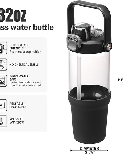 Glass Tumbler with Carry Handle, Clear Glass Water Bottle with Leakproof Lid, Spout Lid&Straw, BPA-Free, 32 oz, Black