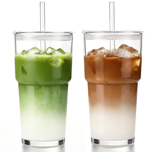 Iced Coffee Cups with Lids 2Pcs: Coffee Bar Accessories - Glass Tumbler with Straw and Lid 20oz - Vintage Glass Cups with Lids and Straws - Tumbler Leak Proof Aesthetic Drinkware for To Go Iced Coffee