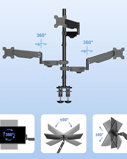 Pholiten Triple Monitor Stand, Mount for 3 Screens up to 32 inches & 22lbs Each, Full Motion Gas Spring Monitor Arm with Clamp Mounting, for Desktops, Computer Monitors