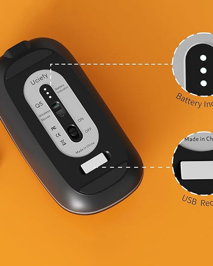 Uciefy Q5 Slim Rechargeable Wireless Mouse, 2.4G Portable Optical Silent Ultra Thin Wireless Computer Mouse with USB Receiver and Type C Adapter, Compatible with PC, Laptop, Notebook, Desktop Black