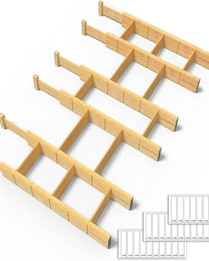 SpaceAid Bamboo Drawer Dividers with Inserts and Labels, Kitchen Adjustable Drawer Organizers, Expandable Organization for Home, Office, Dressers and Bathroom, 6 Dividers with 12 Inserts (17-22 in)