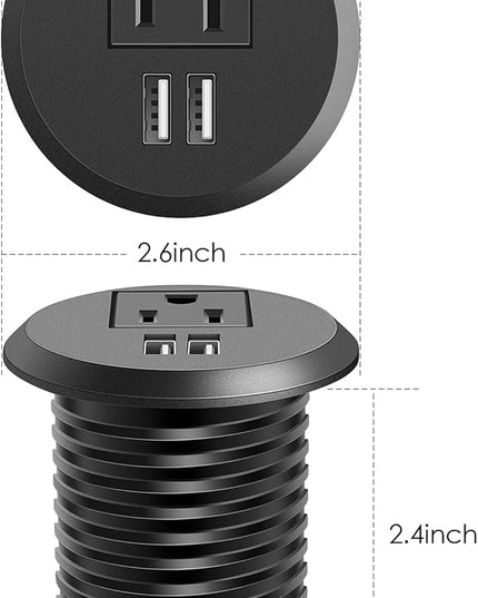 Jgstkcity Desktop Power Grommet, 2 inch, Black, 1 AC Outlet and 2 USB Ports, 6.56ft Cable, Fire Resistant Outer Shell