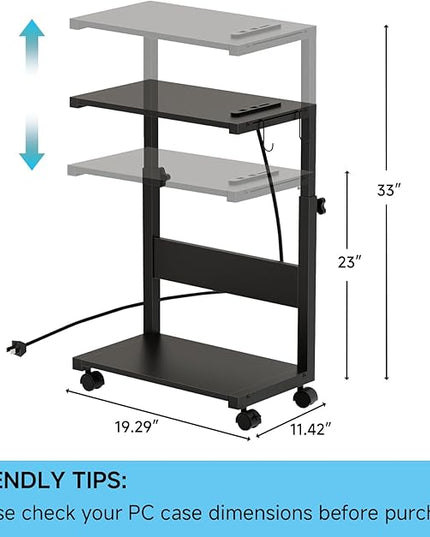 Computer Tower Stand with LED Light Strip,Mobile Rolling CPU Holder,Height Adjustable PC Tower Stand with Charging Station for Office Home (Black)