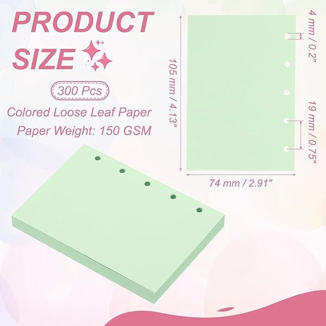 PATIKIL Colored Loose Leaf Paper, 4.1" x 3"(A8) 300 Sheets 5 Holes Punched 150GSM Blank Binder Refill Paper Supplies for Office Note Taking Teacher Planner Journal Notebook, Light Green