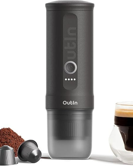 OutIn Nano Portable Electric Espresso Machine, Travel Coffee Maker for Camping, Car Coffee Maker Self-Heating with USB-C, With Ground Coffee & NS Capsule for RV, Hiking, Office