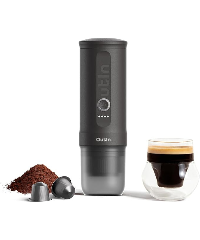 OutIn Nano Portable Electric Espresso Machine, Travel Coffee Maker for Camping, Car Coffee Maker Self-Heating with USB-C, With Ground Coffee & NS Capsule for RV, Hiking, Office
