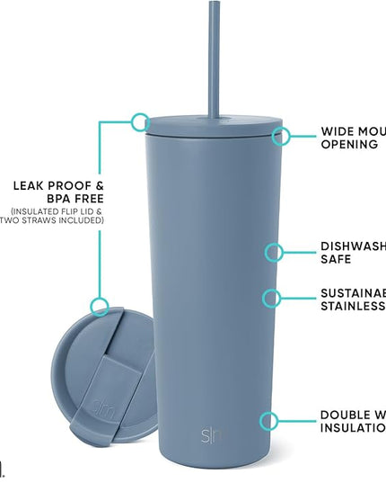 Simple Modern Insulated Tumbler with Lid and Straw | Iced Coffee Cup Reusable Stainless Steel Water Bottle Travel Mug | Gifts for Women Men Her Him | Classic Collection | 24oz | Blue Dune