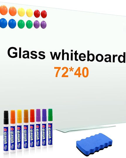 H-Qprobd Dry Erase White Board for Wall 72"x40" Magnetic Glass Frameless Whiteboard Mount for Home School Supplies or Home Office Decor, Includes 8 Magnets, 8 Markers and 2 Erasers
