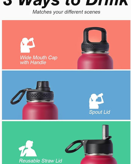 Water Bottle 40 oz Insulated with Straw&Brush, Coolflask Vaccum Stainless Steel Metal 3 Lids Water Flask for Sports, Gym or Office, Keep Cold 48H Hot 24H, Ombre Wine/Navy