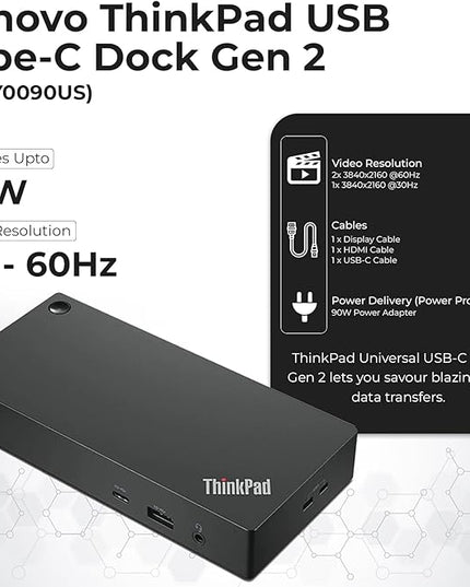 40AY0090US Lenovo Thinkpad Docking Station Dual Monitor - Supports 4K Display, Thinkpad Dock with 90W Adapter, HDMI, DisplayPort, USB C Cables & Cloth - Lenovo Docking Station
