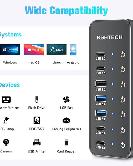 RSHTECH 7-Port Powered USB 3.2/USB-C Hub Splitter with 3 x 10Gbps USB-3.2 Ports (2C + 1A),4 USB-3.0 Ports (2C + 2A), 3.3ft Cable, Touch Switches, and 5V Power Adapter for Laptop PC