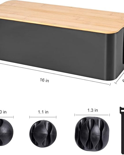 Cable Management Box - Wooden Style Large Cord Organizer to Hide Wires & Power Strips | Desk Computer Cable Organizer | Safe ABS Material | 16" (L) x 6.2" (W) 5.3" (H) | for Home & Office - Black