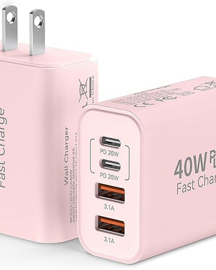 USB C Wall Fast Charger Block, 40W 4-Port Type C Chargers Fast Charging Blocks PD Power Charger Adapter+QC 3.0 USB Multiport Charger Brick for Phone 17/16/15/14/13/12 Pro Max, i-Pad, Galaxy S25-2Pack