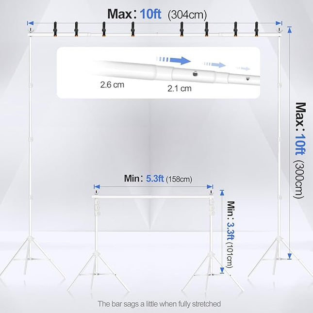 EMART Backdrop Stand 10x10ft(WxH) Photo Studio Adjustable Background Stand Support kit with 2 Crossbars, 8 Clamps, 2 Sandbags and Carry Bag for Parties, Events Decoration, Wedding, Photography -White