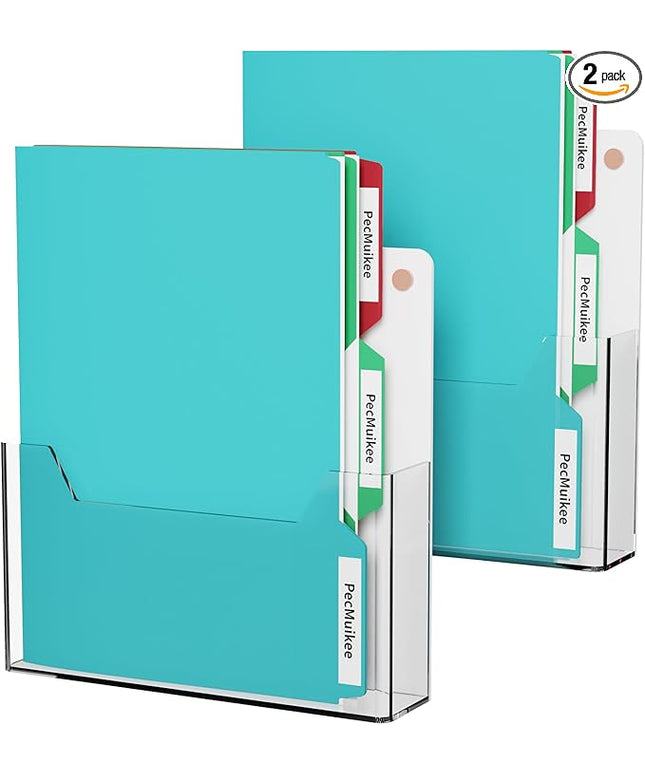 PecMuikee Wall File Organizer, Vertical Acrylic Mail Magazine Holder Wall Mount, 4 Colors of Screw Caps Included Hanging File Organizer for School, Office, Hospital, 2 Pcs