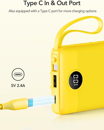 VRURC Portable Charger with Built-in Cables, 10000mAh LED Display USB C Power Bank, Slim Travel Battery Pack with 5 Output 2 Input Compatible with iPhone 17 16 15 13,Samsung,Android etc-Yellow(1 Pack)