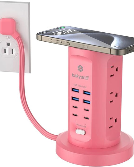 Power Strip Tower, kakyanill Surge Protector Tower 9 AC Outlets 8 USB (4 USB C), 6 Ft Retractable Extension Cord, Charging Station for Office Dorm Room, Pink