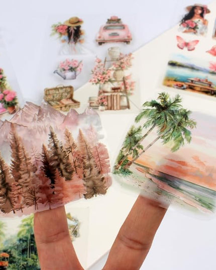 Dwpetzo Summer Beach Pre-Cut Journal Sticker Book for Junk Journaling, Transparent PET Landscape Stickers for Scrapbook Supplies, Scrapbooking, Collage, Planners, Bujo, 20 Sheets
