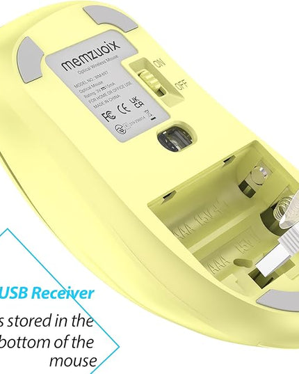 memzuoix 2.4G Wireless Mouse, 1400 DPI Computer Mice USB Receiver, Portable Wireless USB Mouse Battery Powered Cordless Mice for Laptop, PC, Desktop, 5 Buttons (Light Yellow)