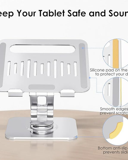 Tablet Stand for Desk, 360° Swivel for iPad Holder, Aluminum Adjustable Tablet Holder, Compatible for iPad Pro Air Mini Surface Pro Samsung Galaxy Tabs Kindle, 4-12.9 inch, Silver