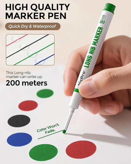 Nicpro 8 PCS Long Nib Marker Pens, 20mm Deep Hole Marker, Quick Dry & Waterproof Construction Markers, Long Head Markers for Metal, Steel, Tile, Glass, Carpenter Marking Pen for Woodworking (4 Colors)
