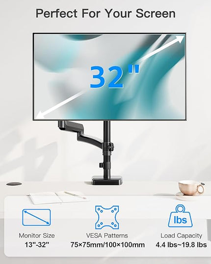Long Arm Monitor Mount, 13 to 32 inch Computer Desk Mount, Extra Long Adjustable Stand, Hold up to 19.8lbs, Tall Arm with Tilt, Swivel, Rotation, VESA 75/100mm